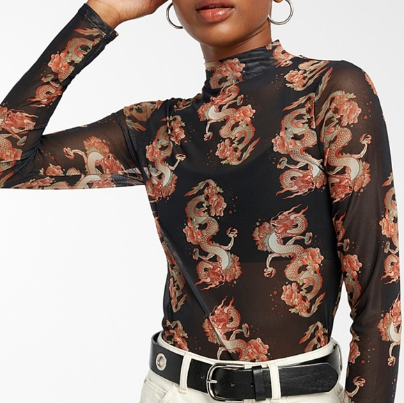 Dragon print mesh mock neck - Picture 1 of 4